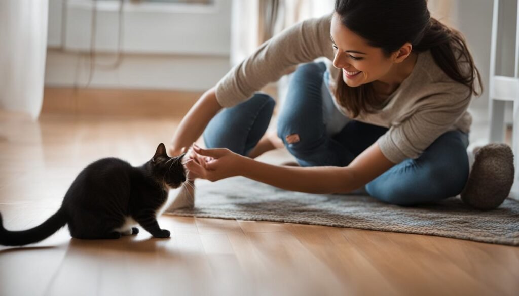 Allowing your cat to approach you, not forcing interactions, building trust through gentle approach