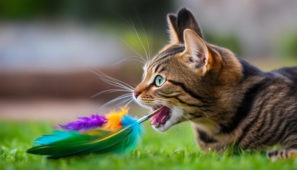 Cat playing with a feather wand